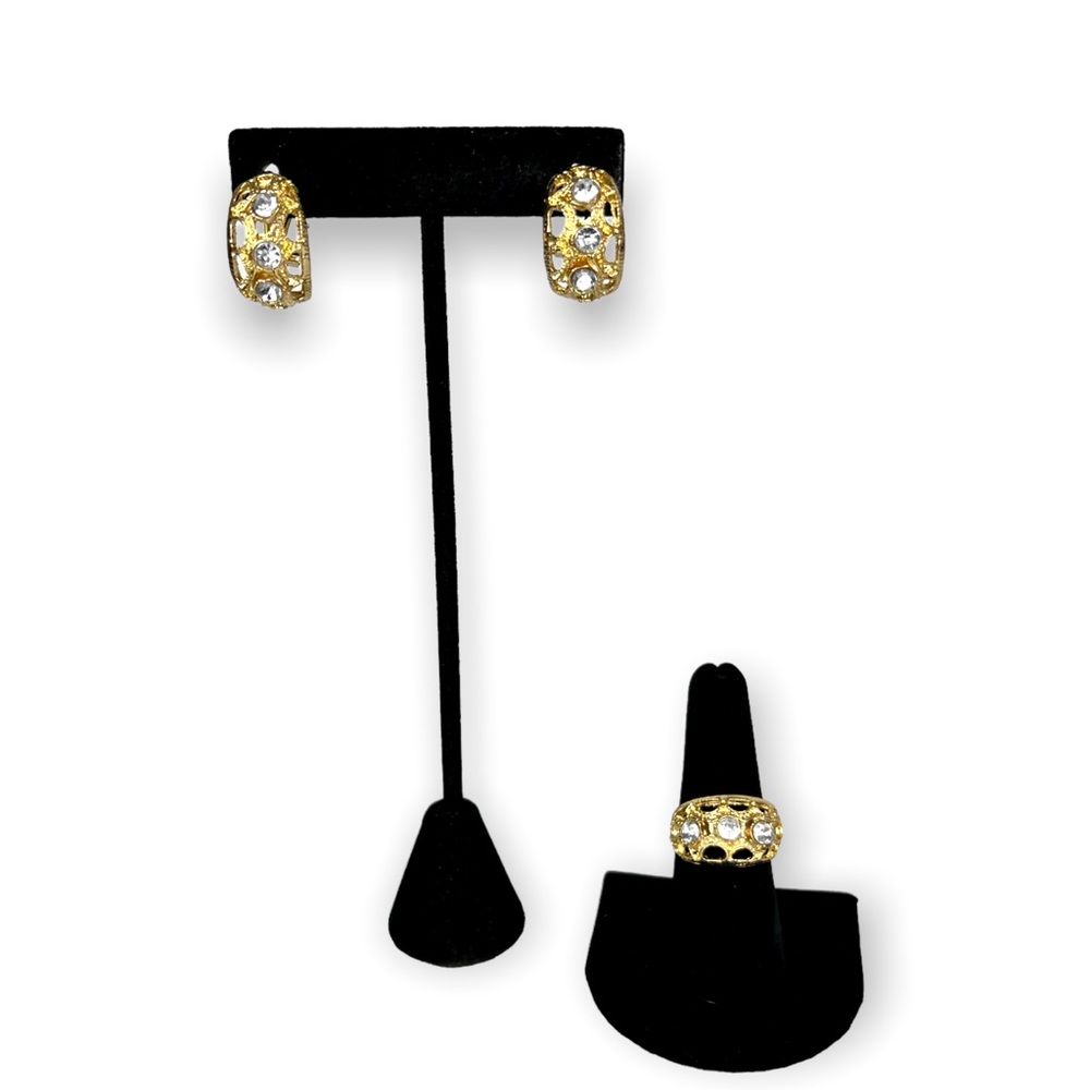 Fancy Crystal Filagree Gold Tone Earrings and Ring Set